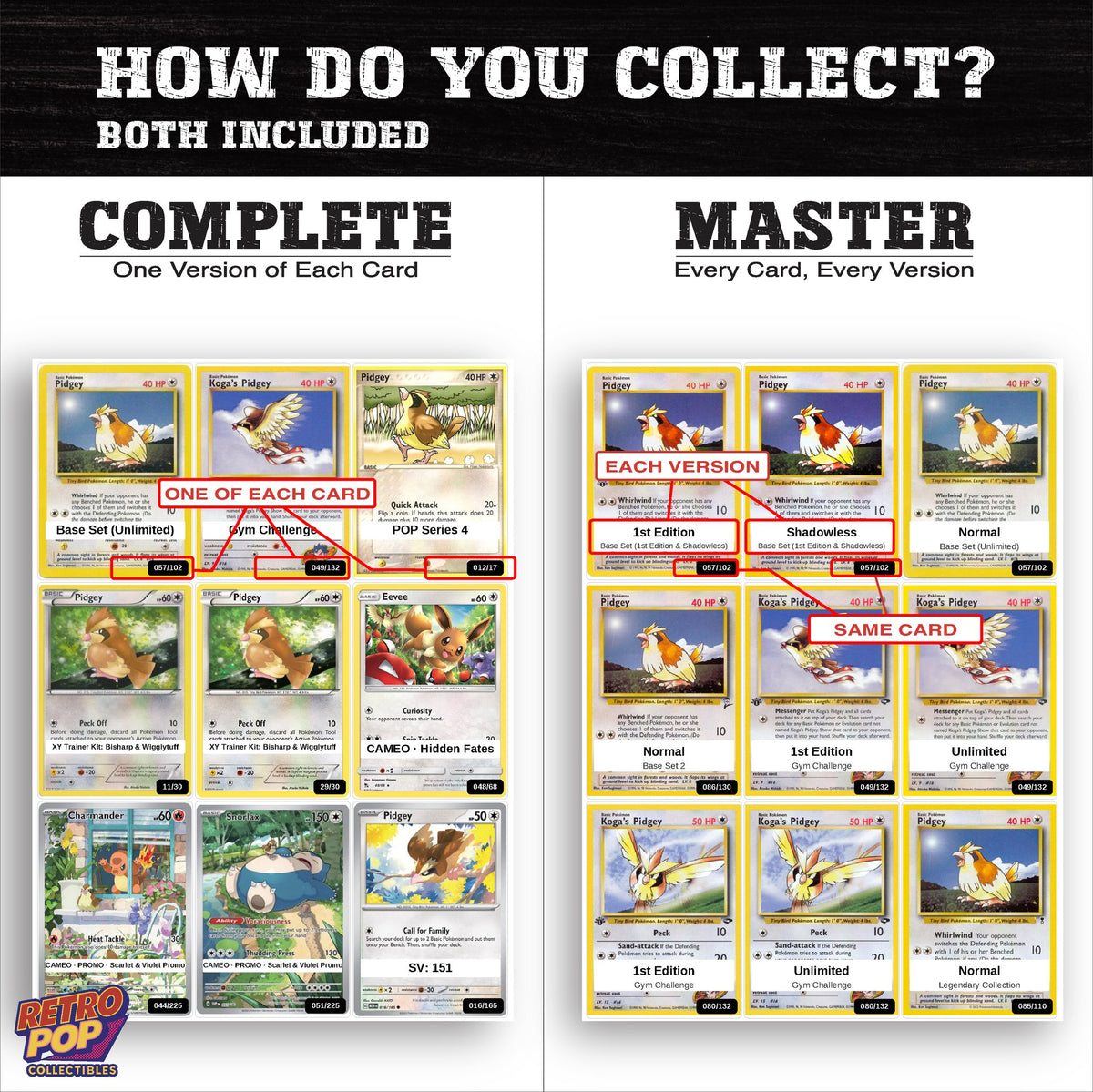 Complete Set vs Master Set versions of the Pidgey binder placeholders