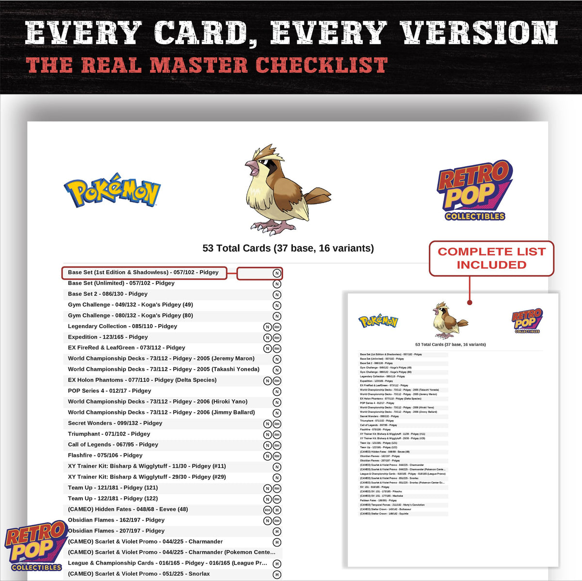 Pidgey master set checklist PDF preview - every card listed