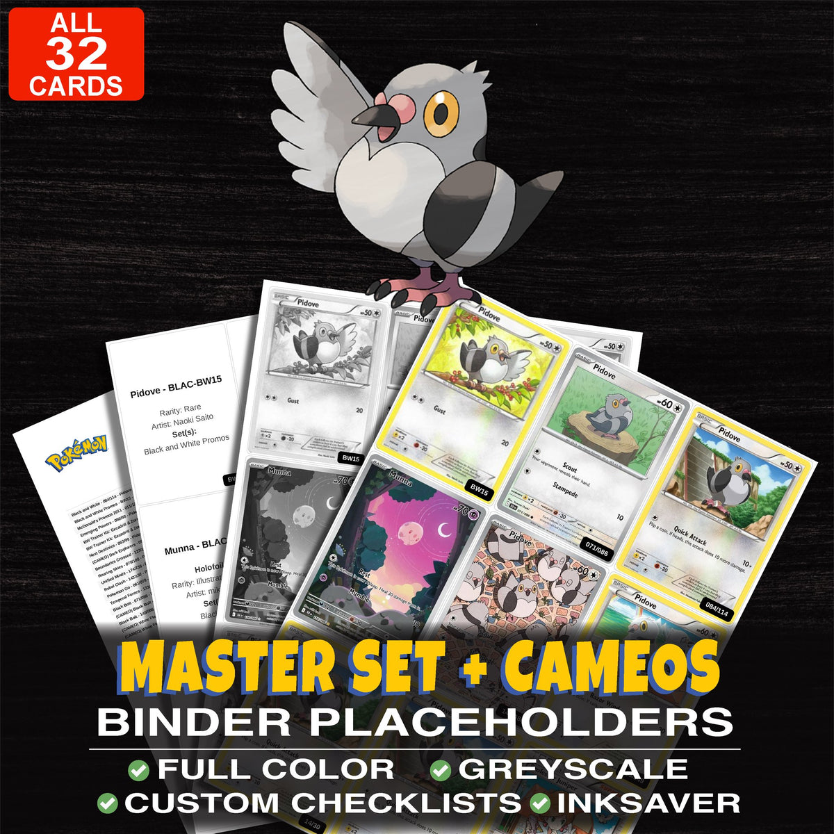 Every Pidove Pokemon card ever made - master set binder placeholders with Pidove