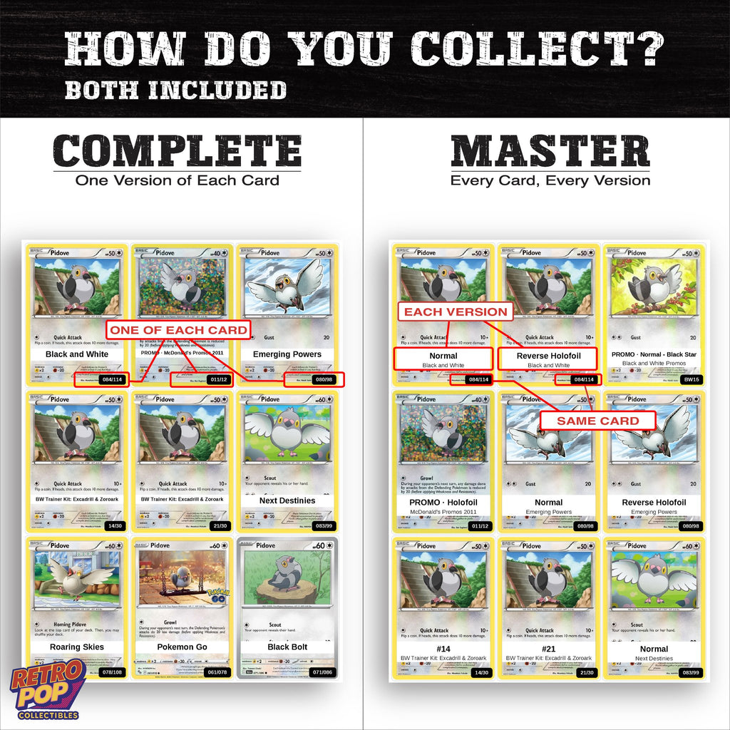 Complete Set vs Master Set versions of the Pidove binder placeholders