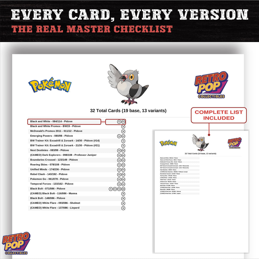Pidove master set checklist PDF preview - every card listed