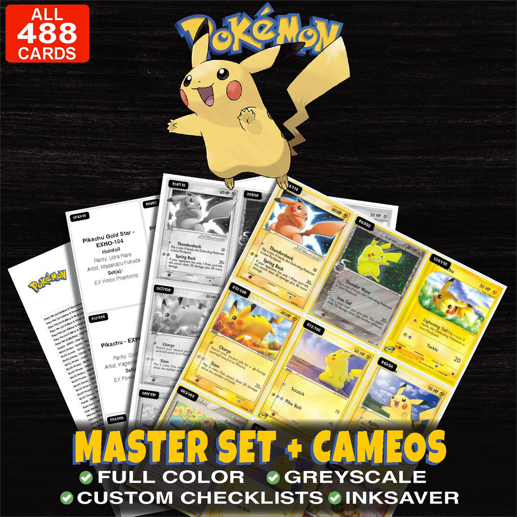 Every Pikachu Pokemon card ever made - master set binder placeholders with Pikachu Gold Star