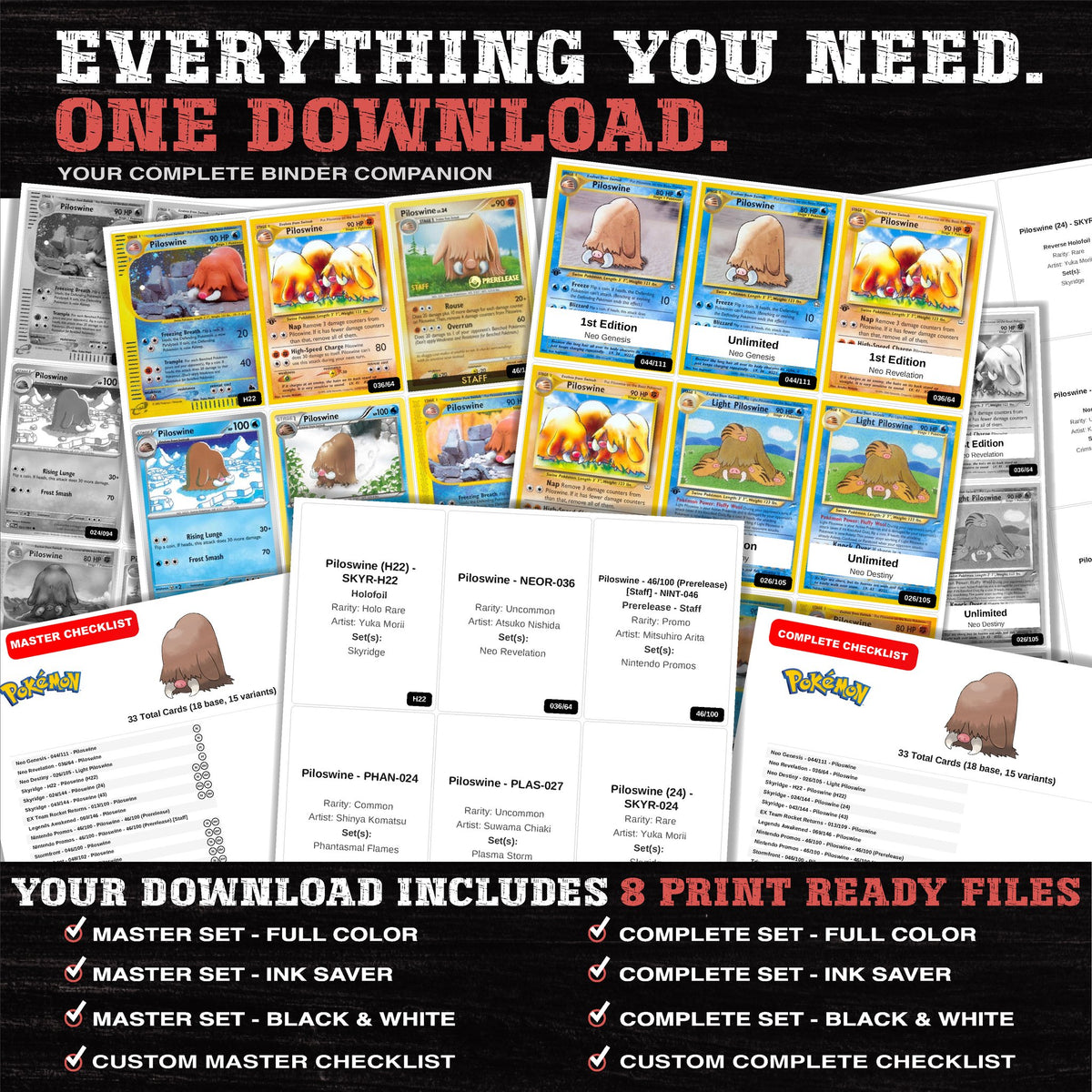 Everything included in the Piloswine master set download - 8 PDF files