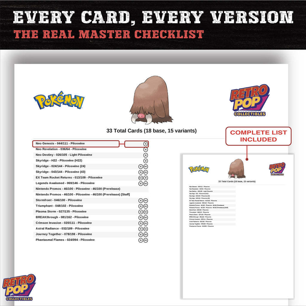 Piloswine master set checklist PDF preview - every card listed