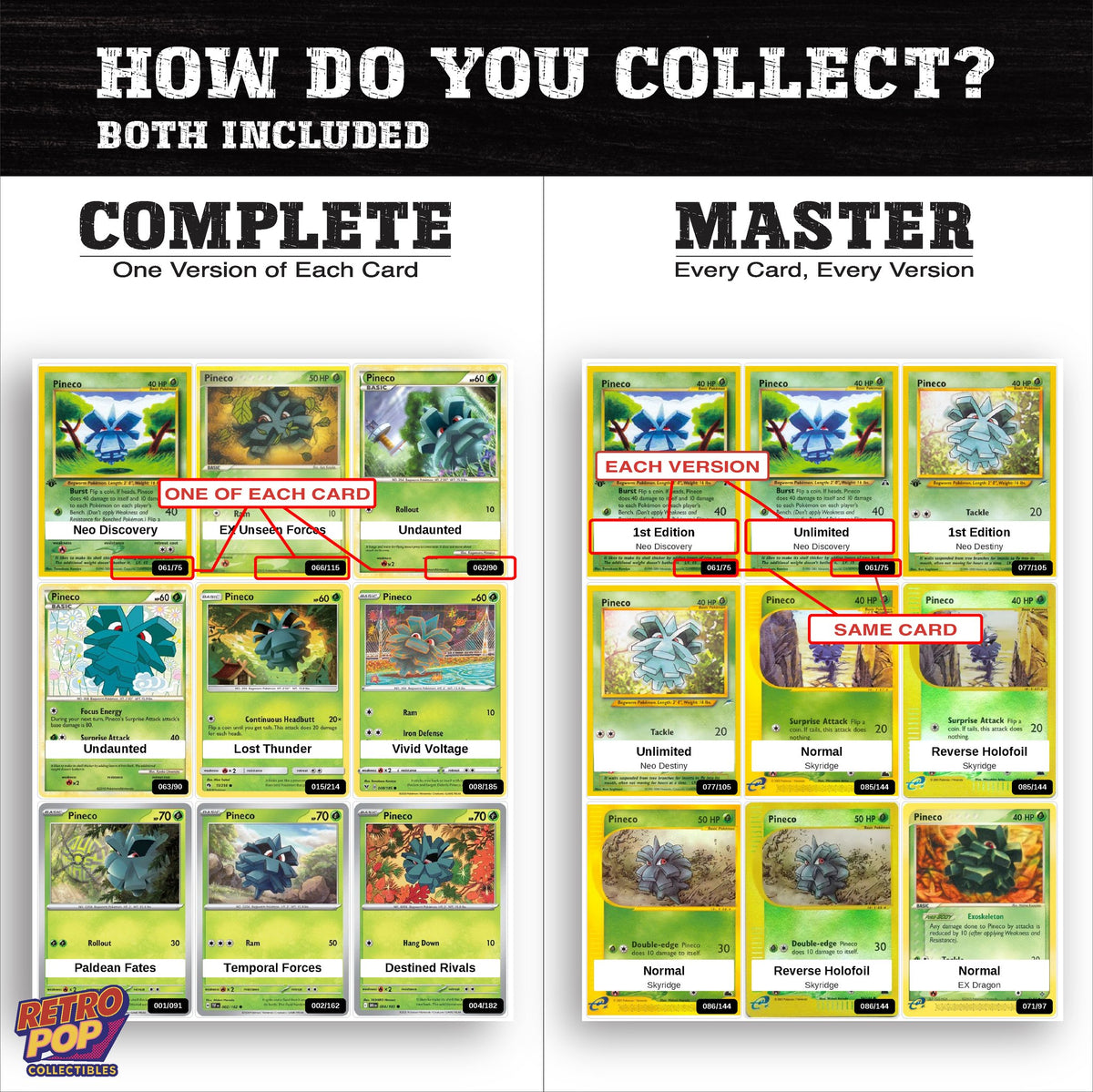 Complete Set vs Master Set versions of the Pineco binder placeholders