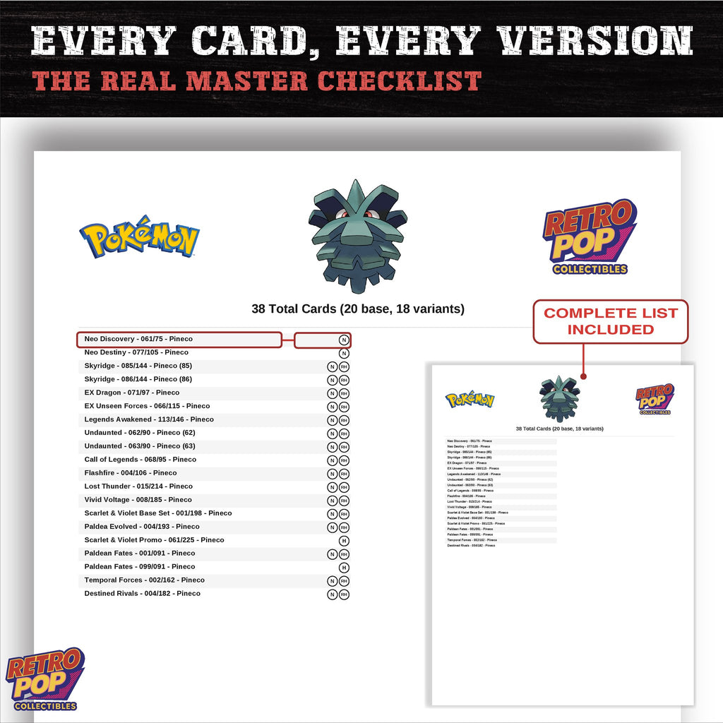 Pineco master set checklist PDF preview - every card listed