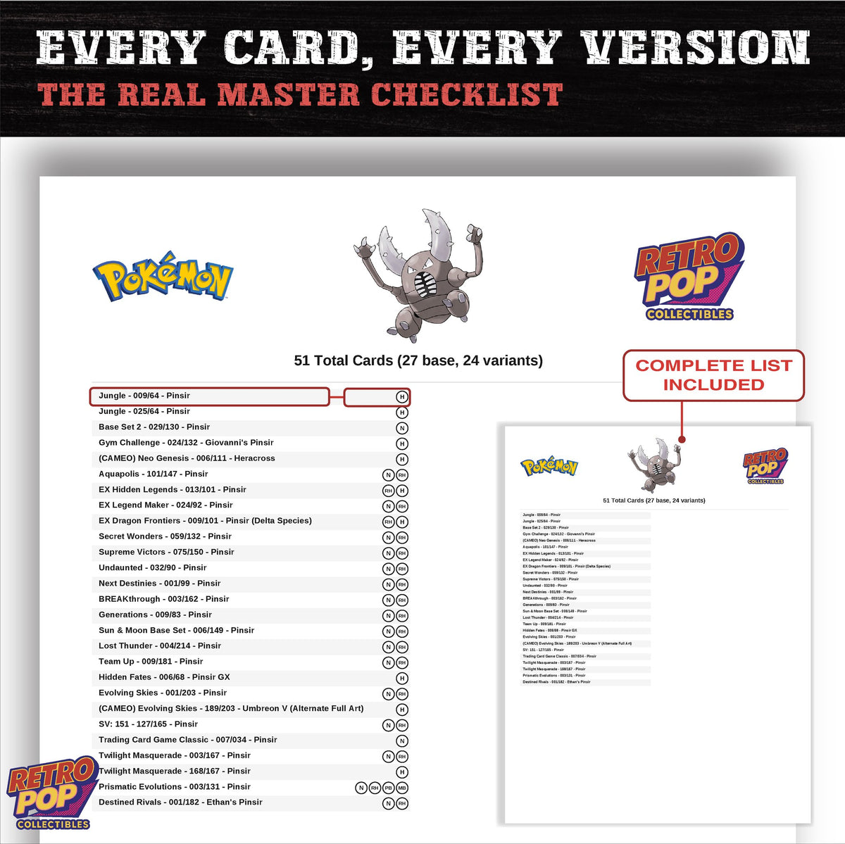 Pinsir master set checklist PDF preview - every card listed