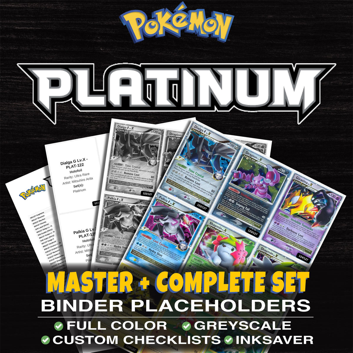 Platinum Pokemon binder placeholders printable PDF - includes Dialga G Lv.X