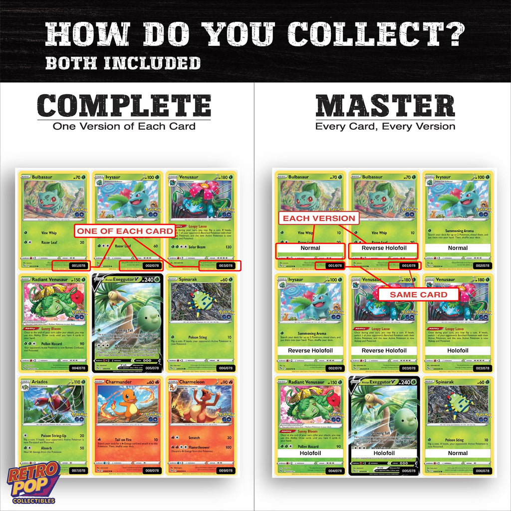 Complete Set vs Master Set versions of Pokemon GO binder placeholders