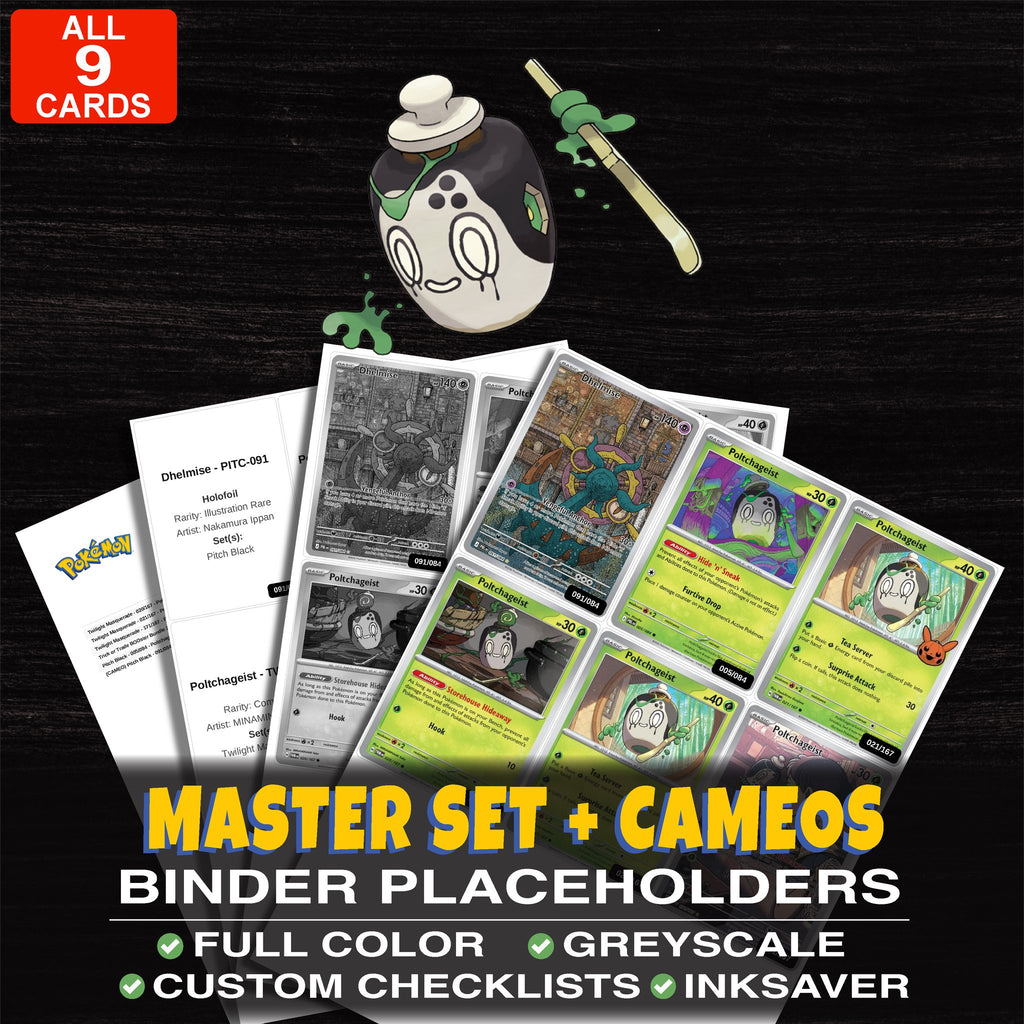 Every Poltchageist Pokemon card ever made - master set binder placeholders with Poltchageist