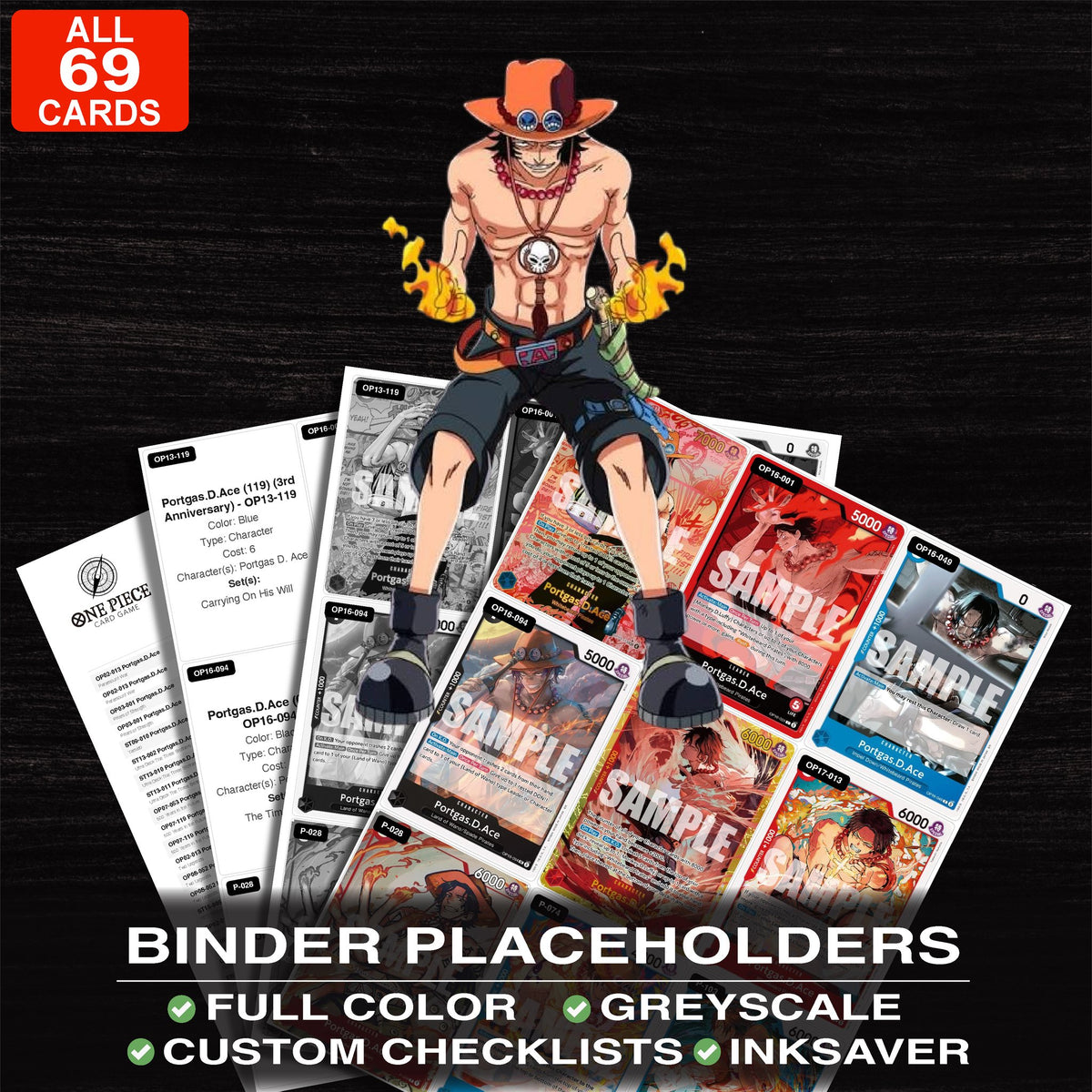 Portgas D. Ace One Piece card binder placeholders printable PDF - includes Portgas D. Ace