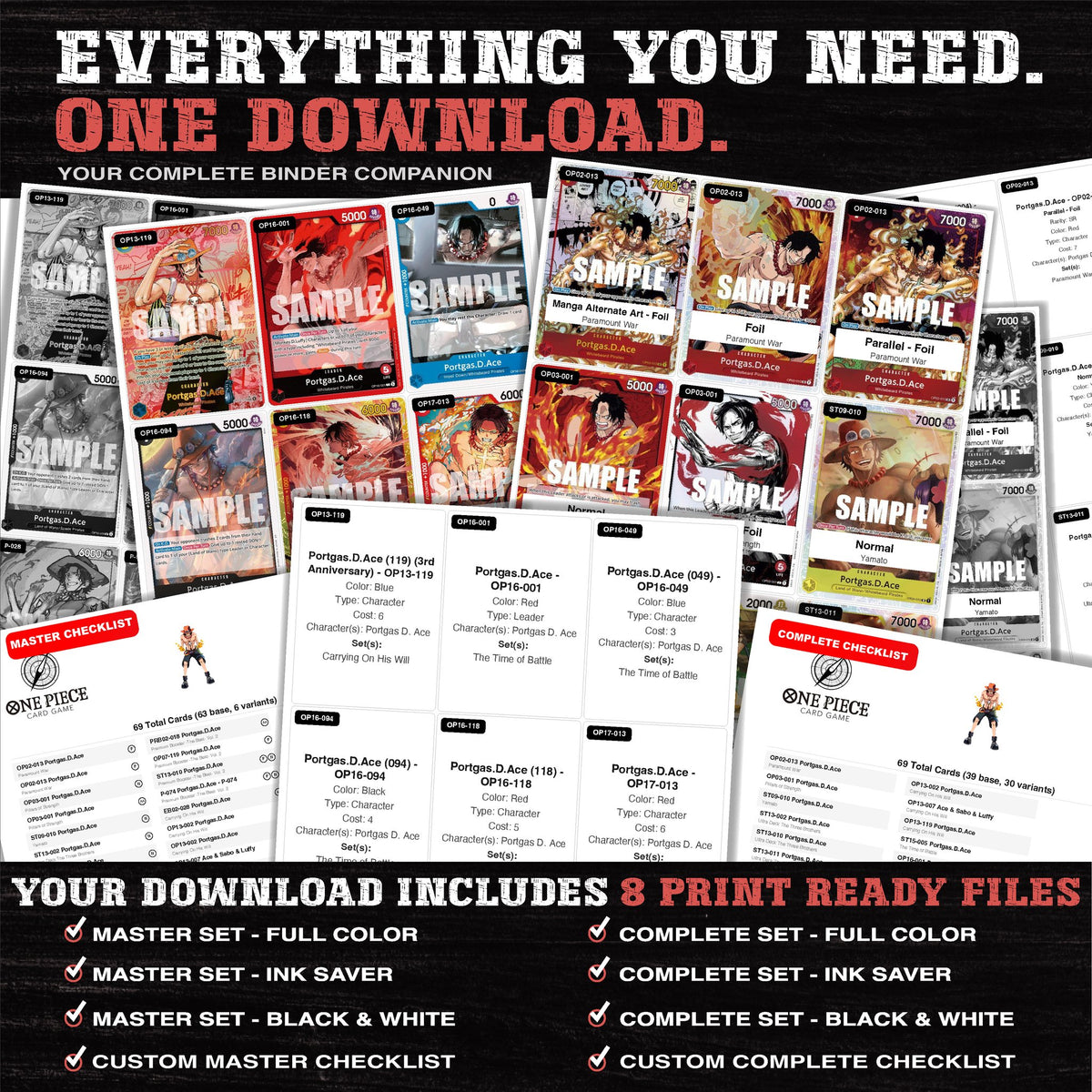 Everything included in the Portgas D. Ace One Piece placeholder download - 8 PDF files