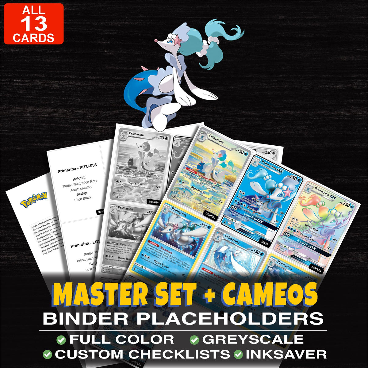 Every Primarina Pokemon card ever made - master set binder placeholders with Primarina GX (Secret)