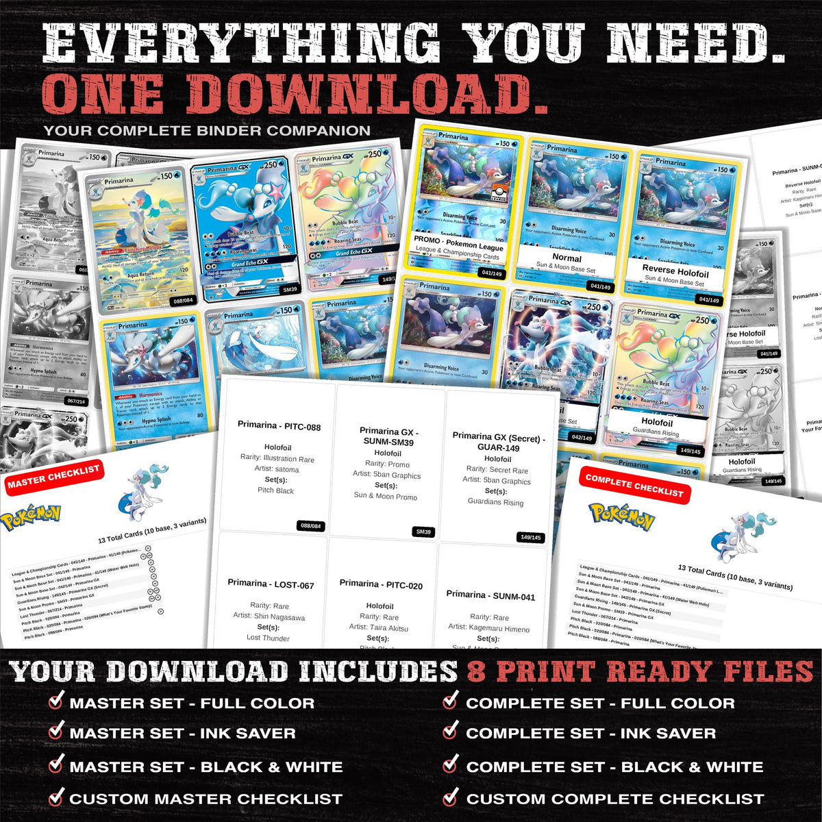 Everything included in the Primarina master set download - 8 PDF files