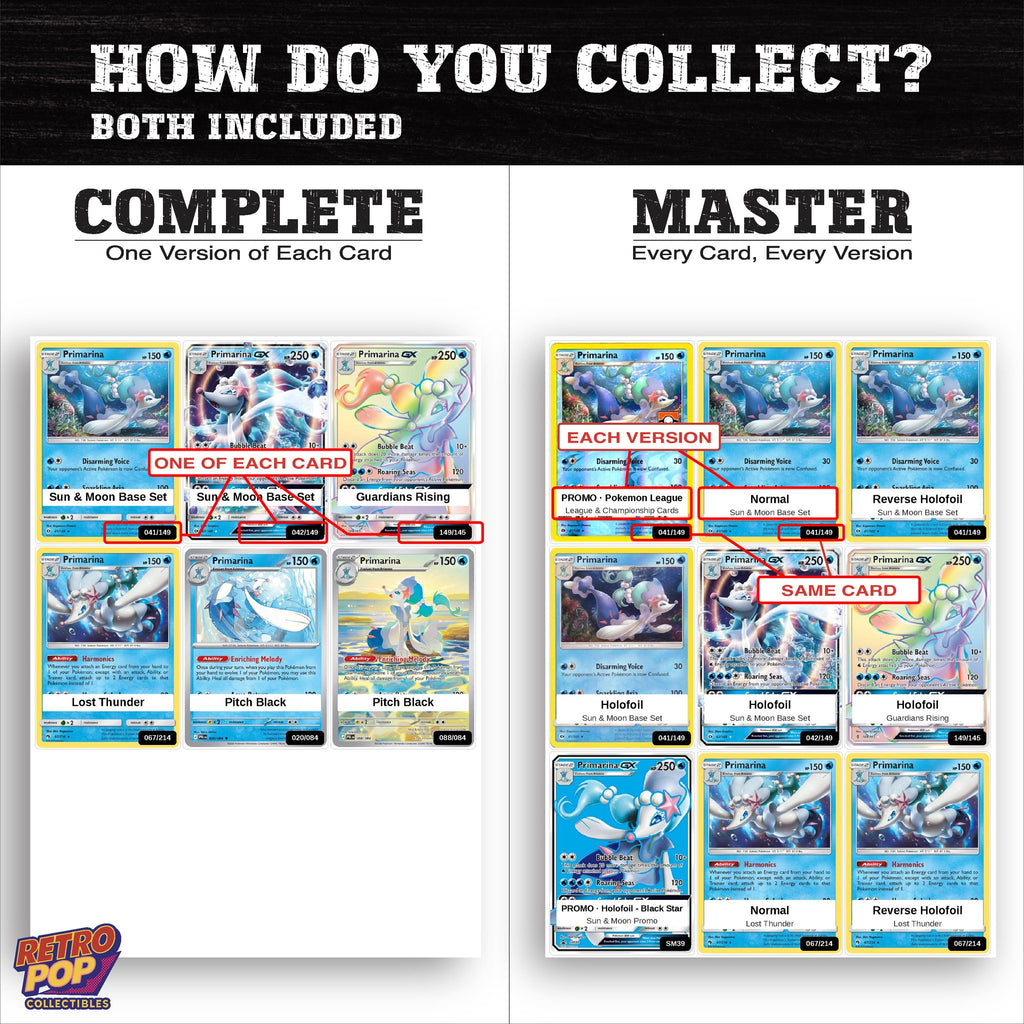 Complete Set vs Master Set versions of the Primarina binder placeholders