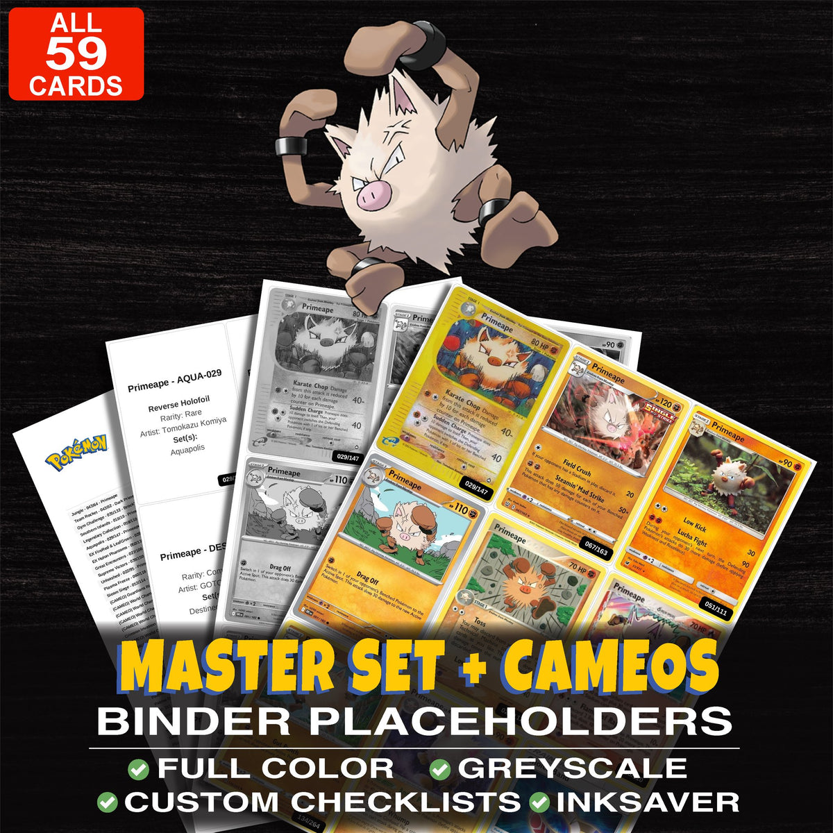 Every Primeape Pokemon card ever made - master set binder placeholders with Primeape