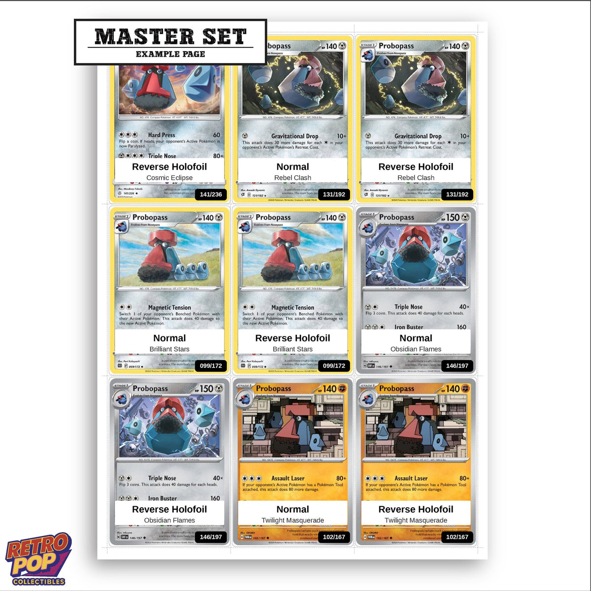 Printed Probopass Pokemon placeholders in binder - real photo 3