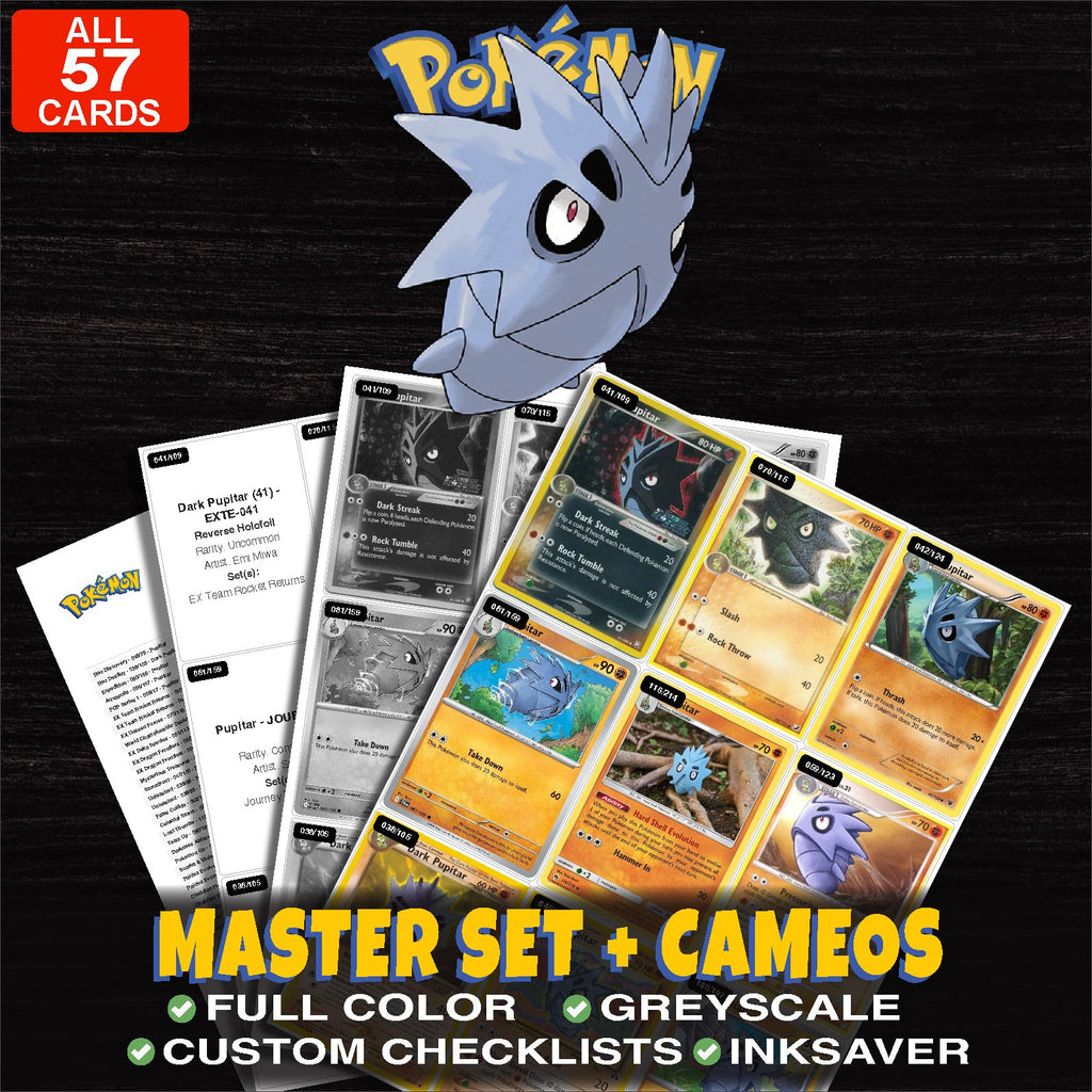 Every Pupitar Pokemon card ever made - master set binder placeholders with Dark Pupitar