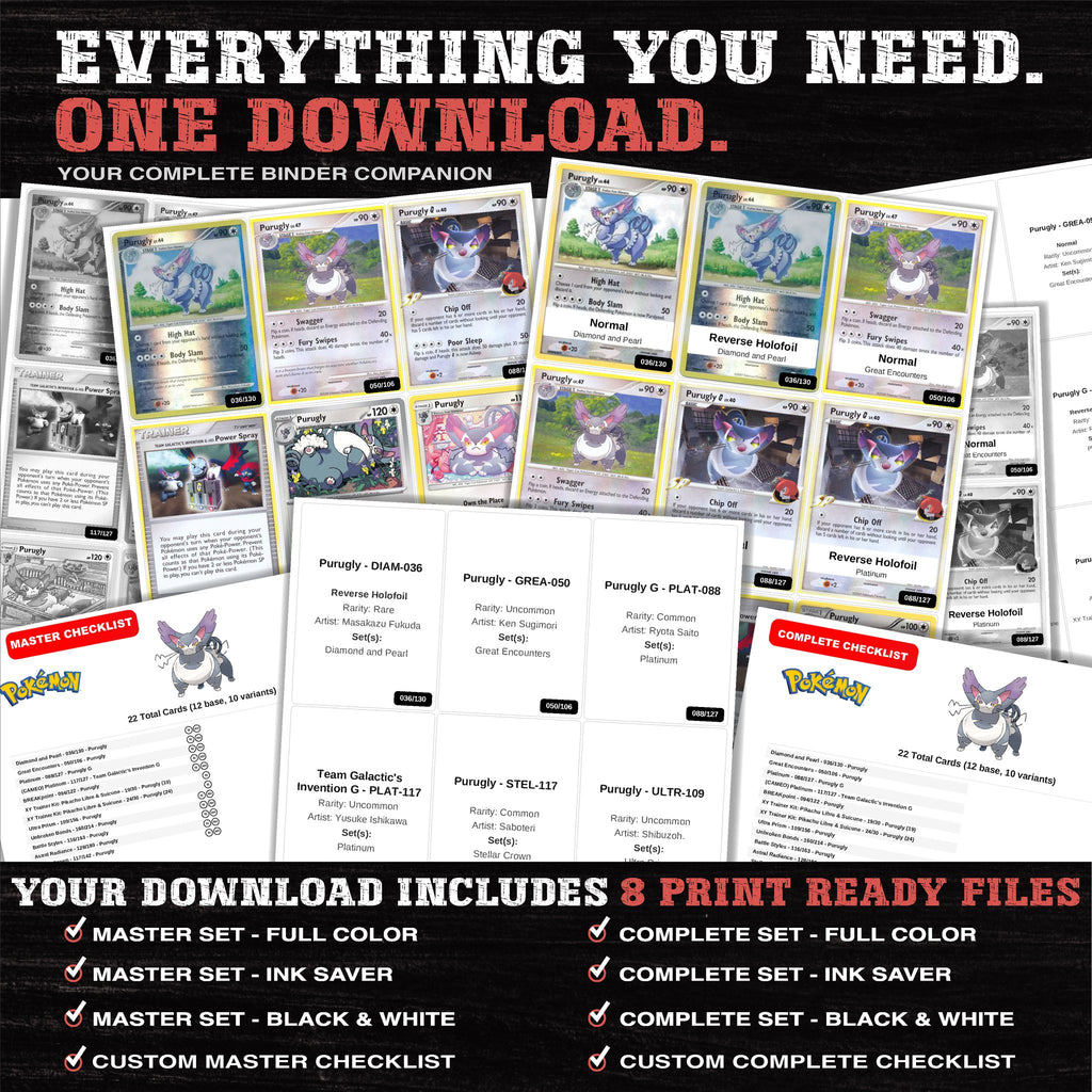 Everything included in the Purugly master set download - 8 PDF files