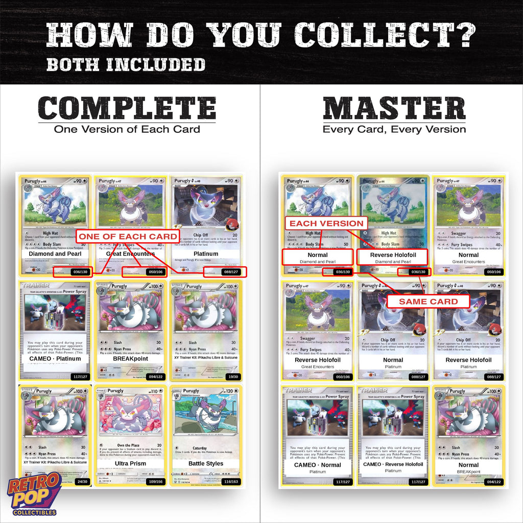 Complete Set vs Master Set versions of the Purugly binder placeholders