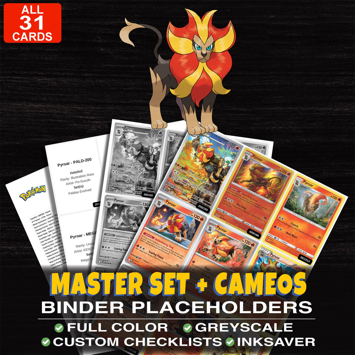 Every Pyroar Pokemon card ever made - master set binder placeholders with Pyroar