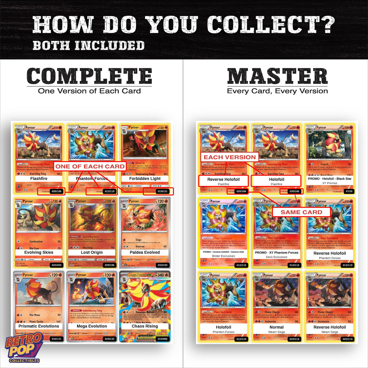 Complete Set vs Master Set versions of the Pyroar binder placeholders