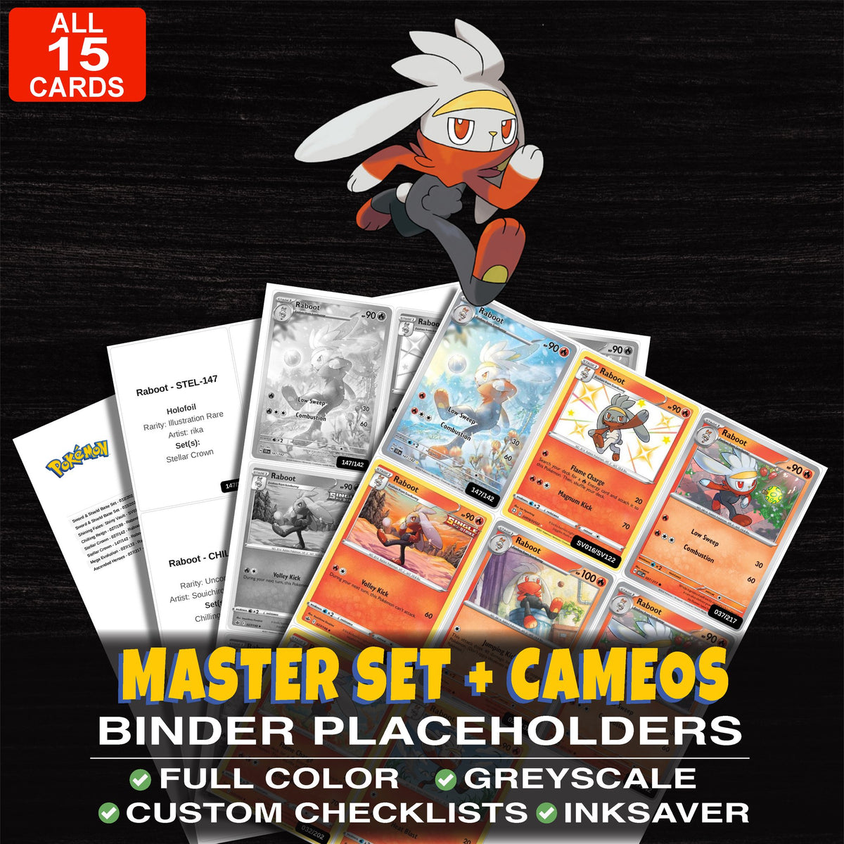 Every Raboot Pokemon card ever made - master set binder placeholders with Raboot