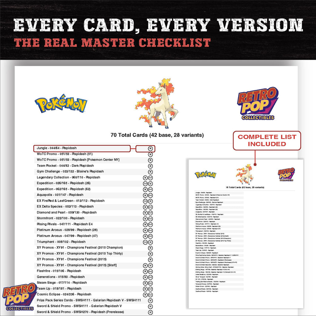 Rapidash master set checklist PDF preview - every card listed