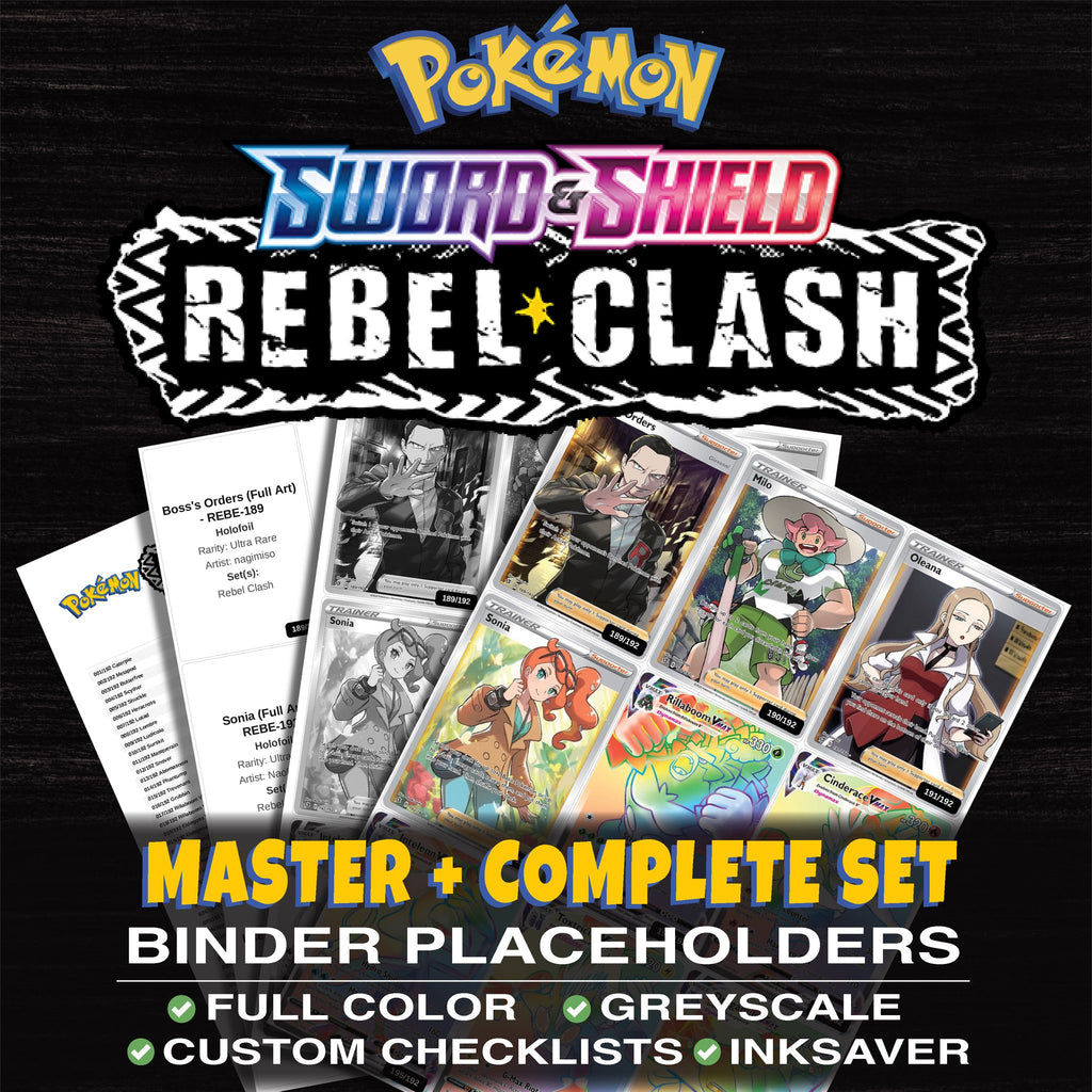 Rebel Clash Pokemon binder placeholders printable PDF - includes Boss's Orders (Full Art)