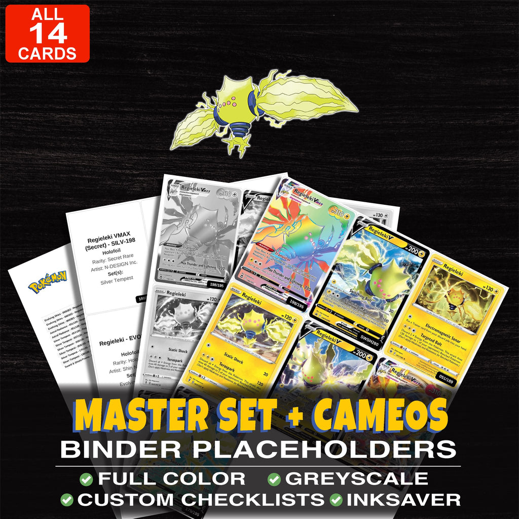 Every Regieleki Pokemon card ever made - master set binder placeholders with Regieleki VMAX (Secret)