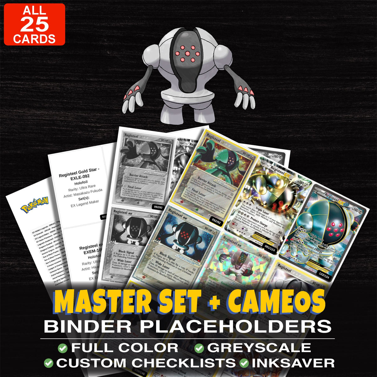 Every Registeel Pokemon card ever made - master set binder placeholders with Registeel ex