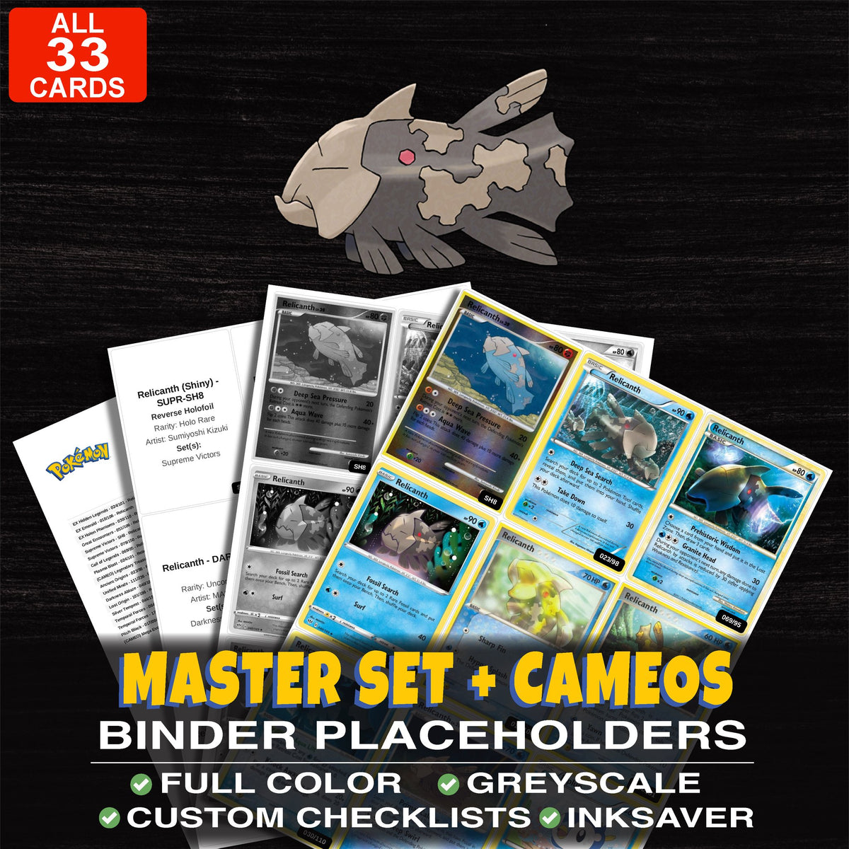 Every Relicanth Pokemon card ever made - master set binder placeholders with Relicanth (Shiny)