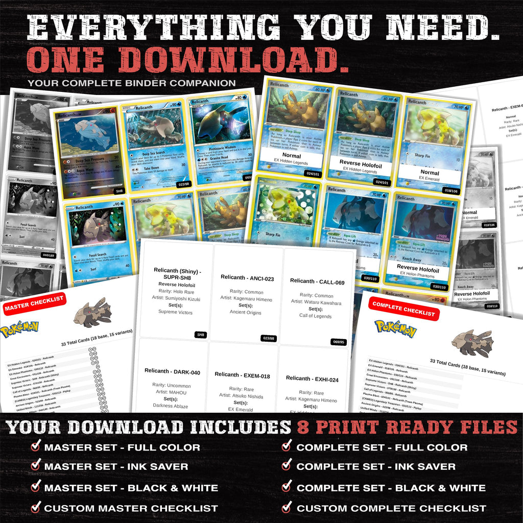 Everything included in the Relicanth master set download - 8 PDF files