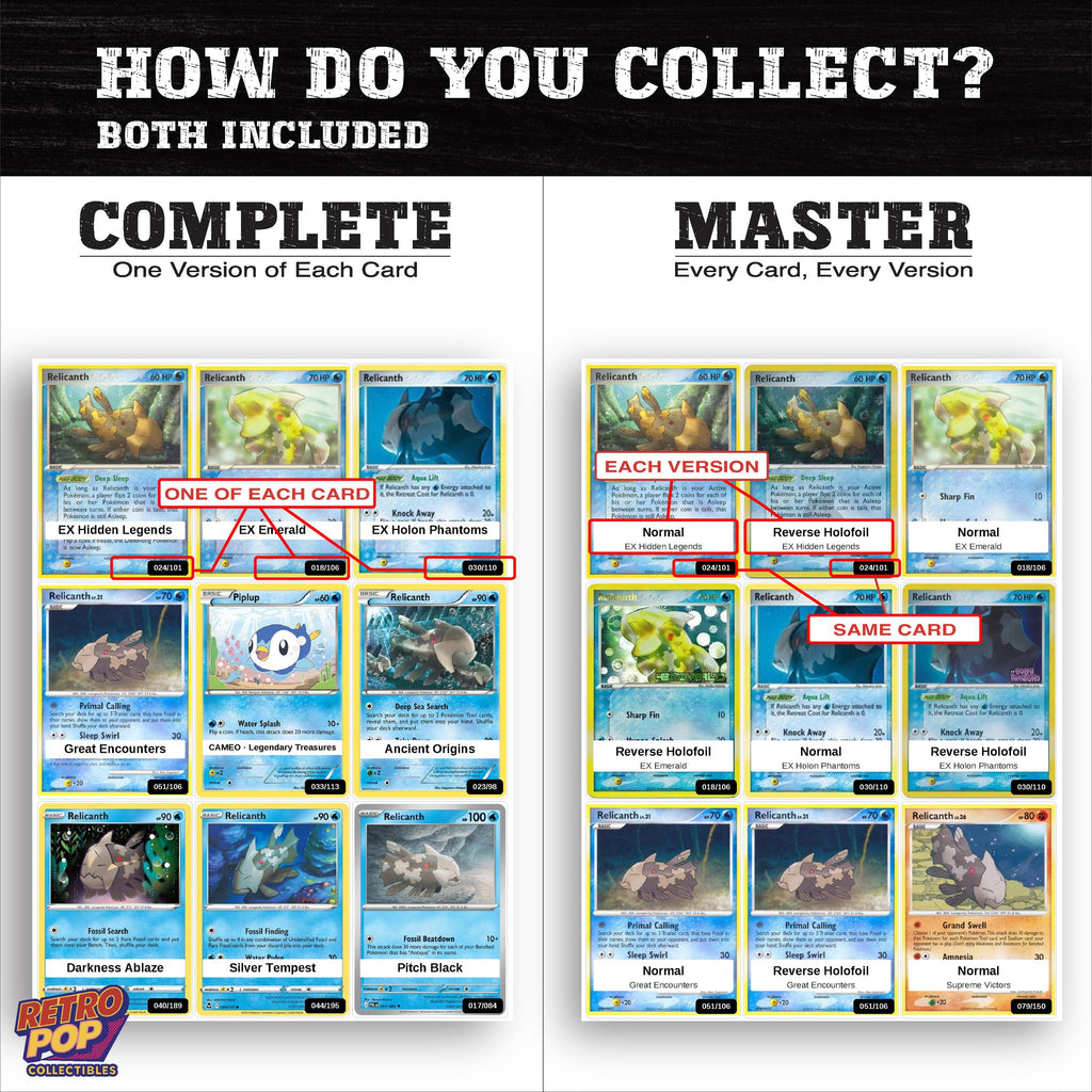 Complete Set vs Master Set versions of the Relicanth binder placeholders