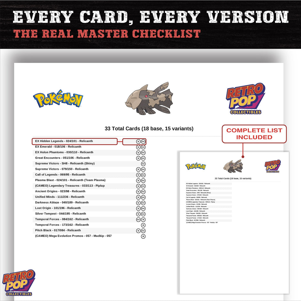 Relicanth master set checklist PDF preview - every card listed