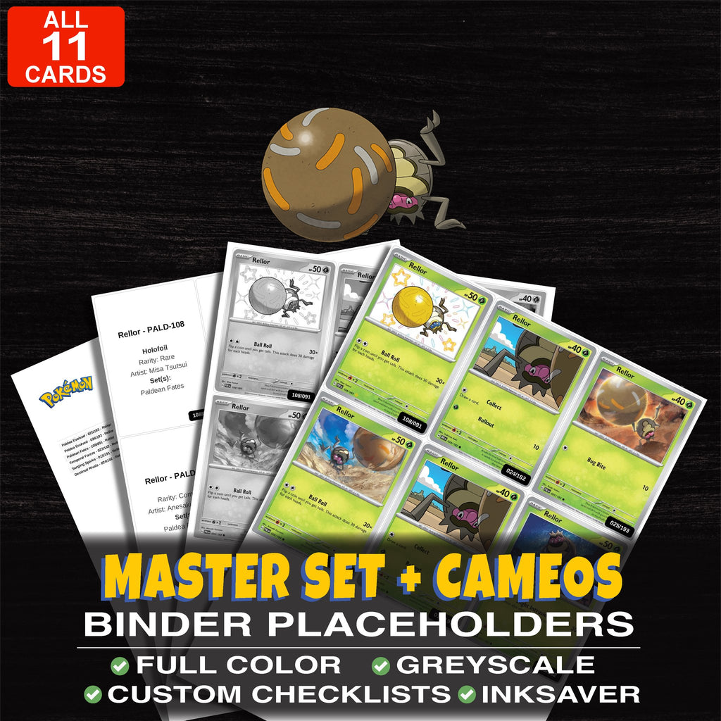 Every Rellor Pokemon card ever made - master set binder placeholders with Rellor