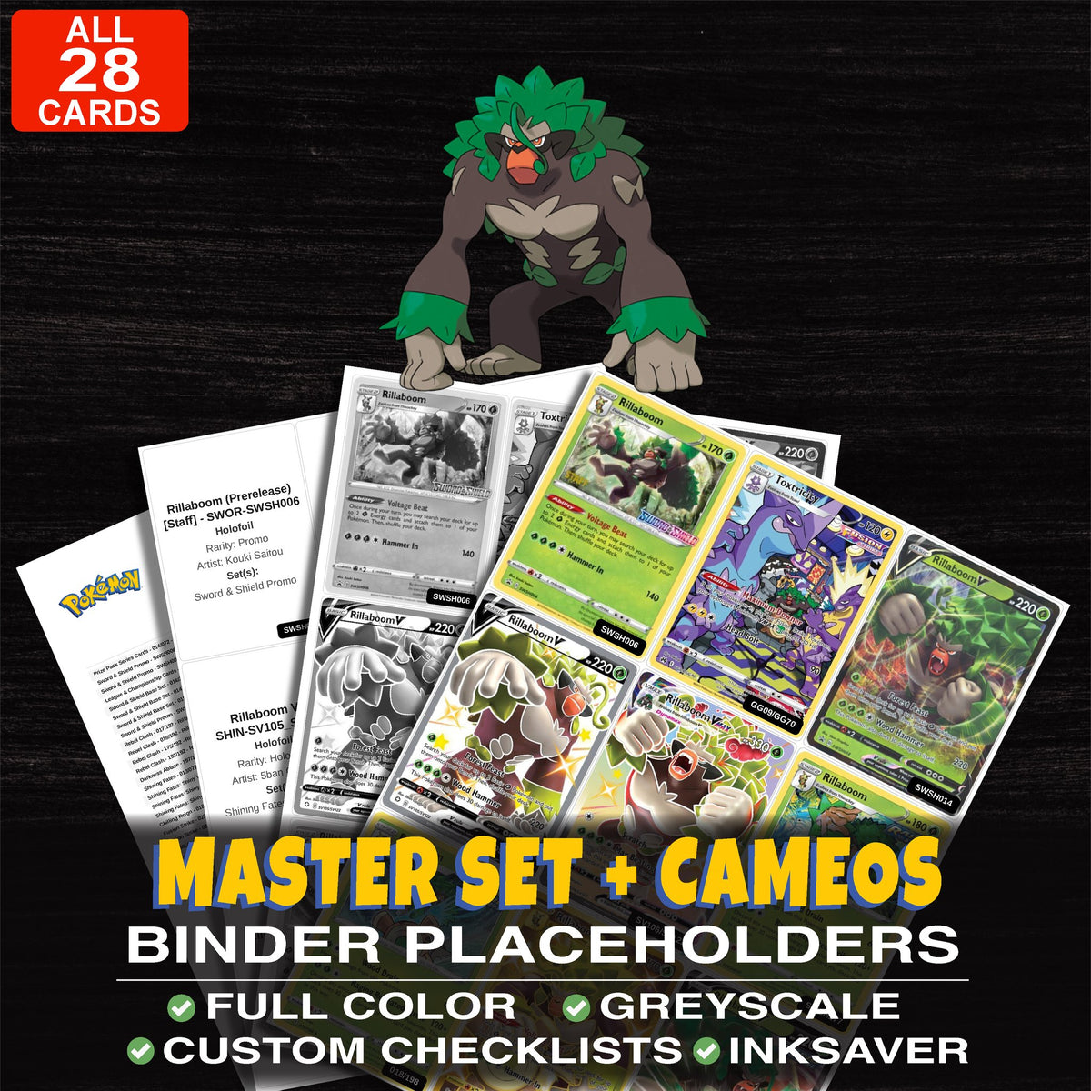 Every Rillaboom Pokemon card ever made - master set binder placeholders with Rillaboom VMAX (Secret)