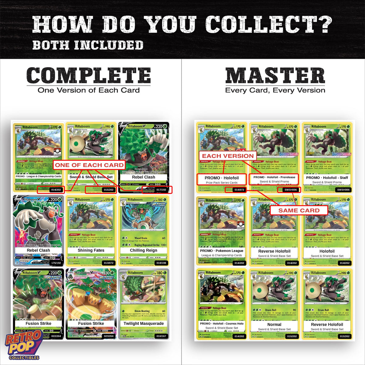 Complete Set vs Master Set versions of the Rillaboom binder placeholders