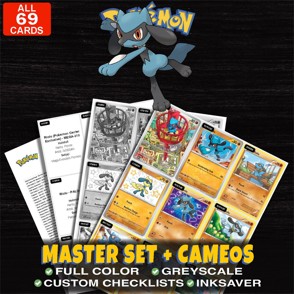 Every Riolu Pokemon card ever made - master set binder placeholders with Riolu