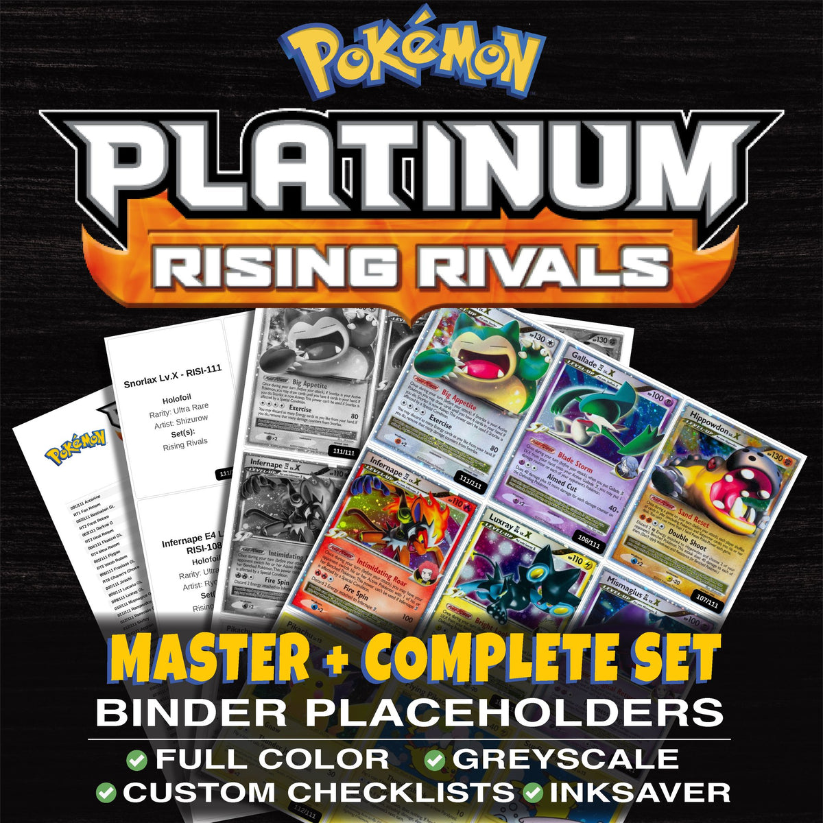 Rising Rivals Pokemon binder placeholders printable PDF - includes Snorlax Lv.X