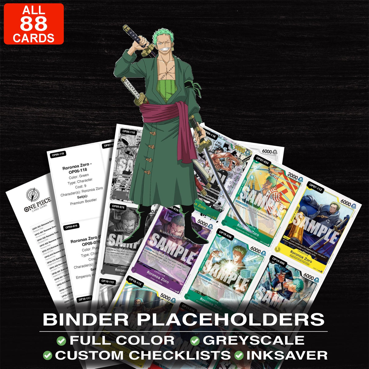 Roronoa Zoro One Piece card binder placeholders printable PDF - includes Roronoa Zoro