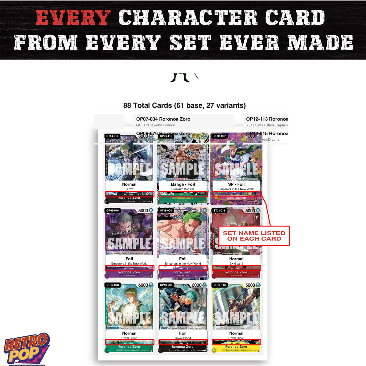 Roronoa Zoro One Piece TCG character master set - every English Roronoa Zoro card