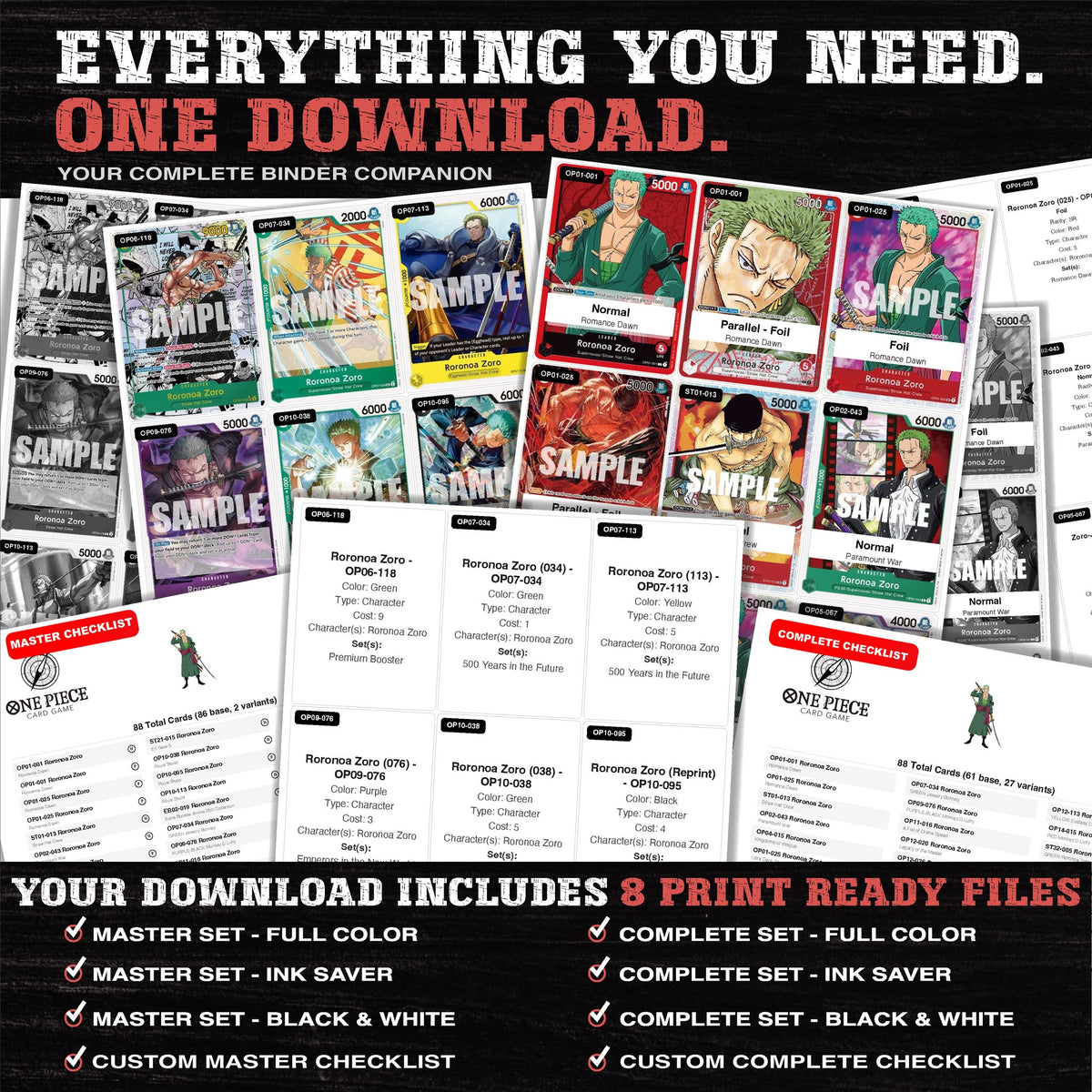 Everything included in the Roronoa Zoro One Piece placeholder download - 8 PDF files