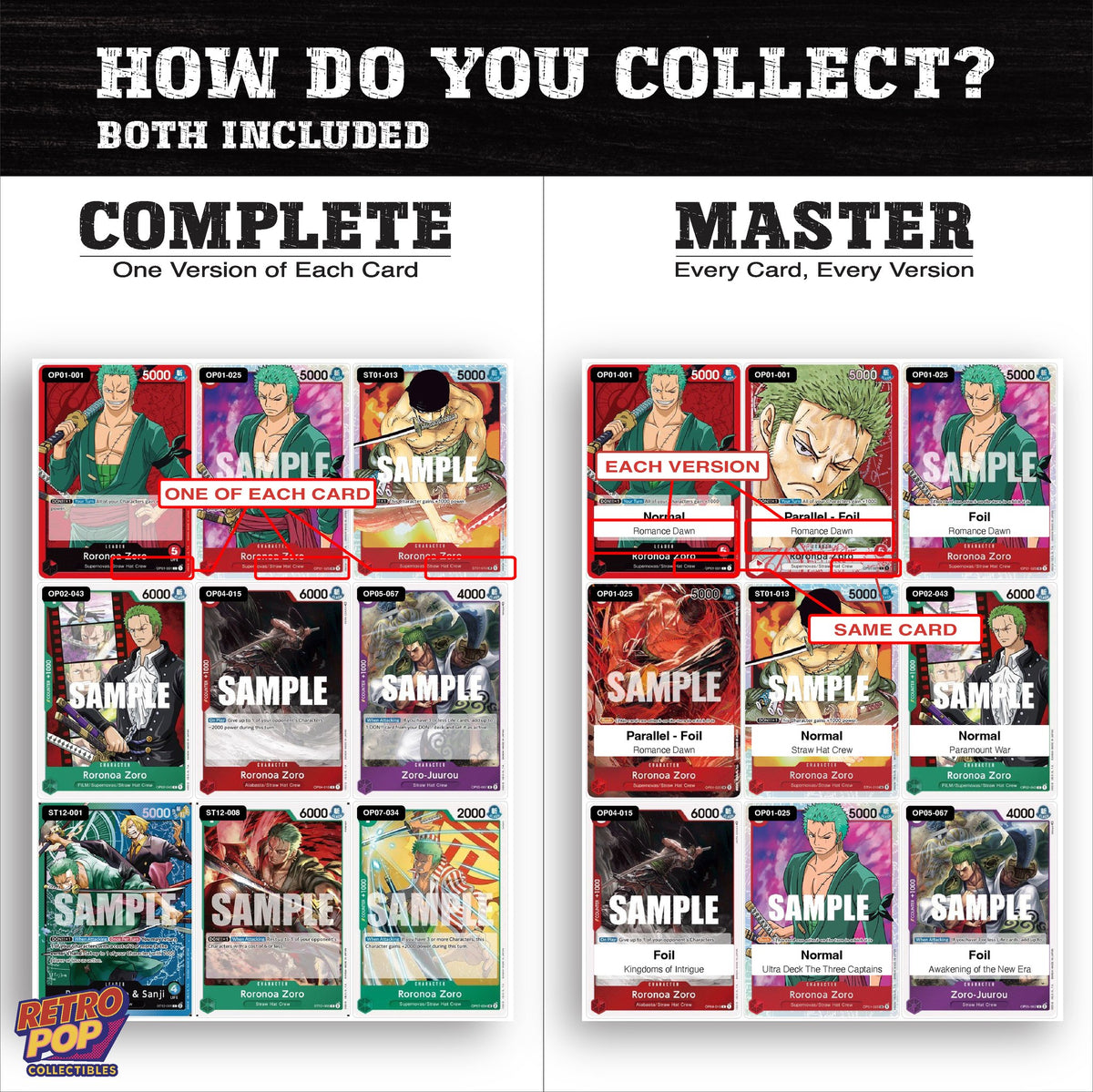 Complete Set vs Master Set versions of Roronoa Zoro One Piece binder placeholders