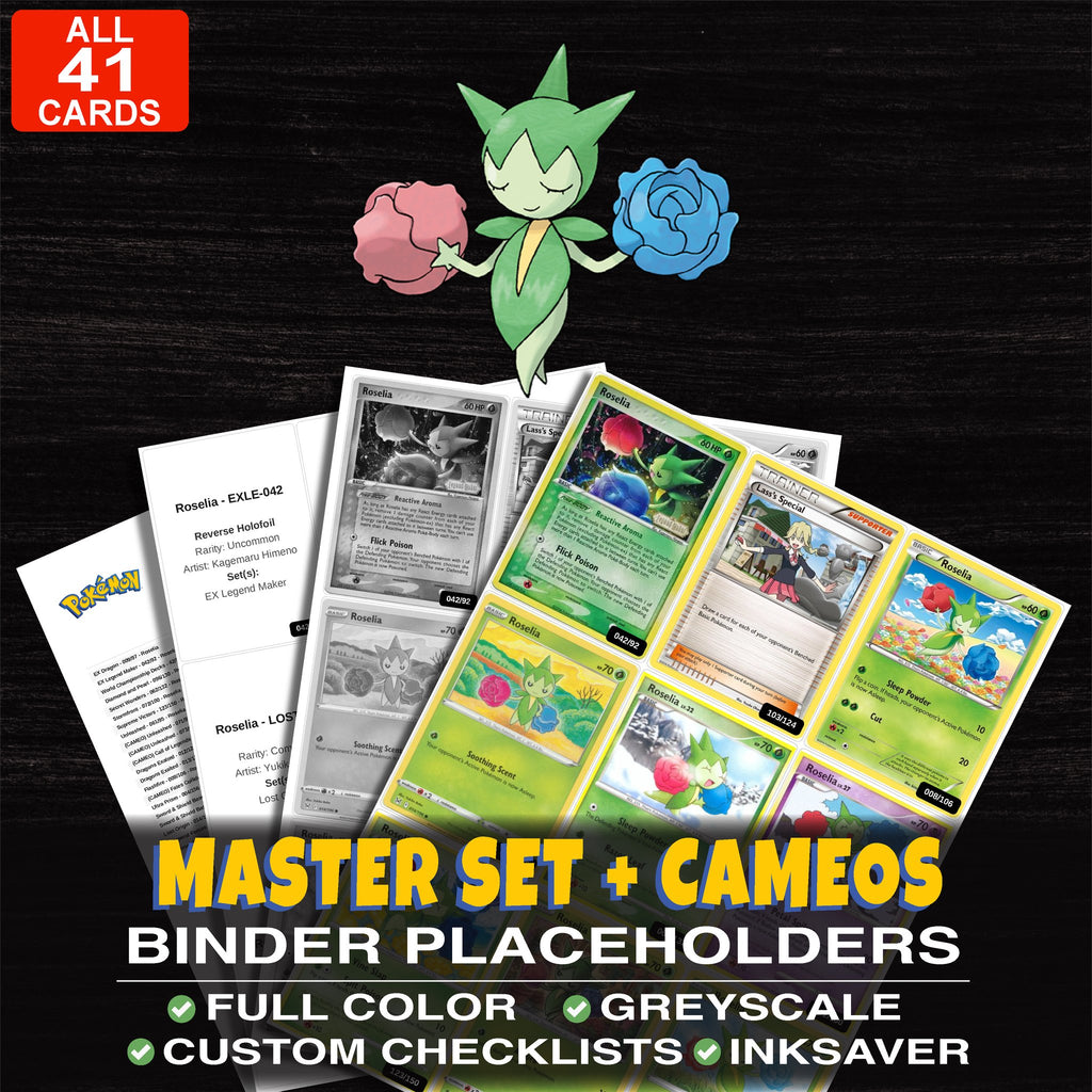 Every Roselia Pokemon card ever made - master set binder placeholders with Roselia