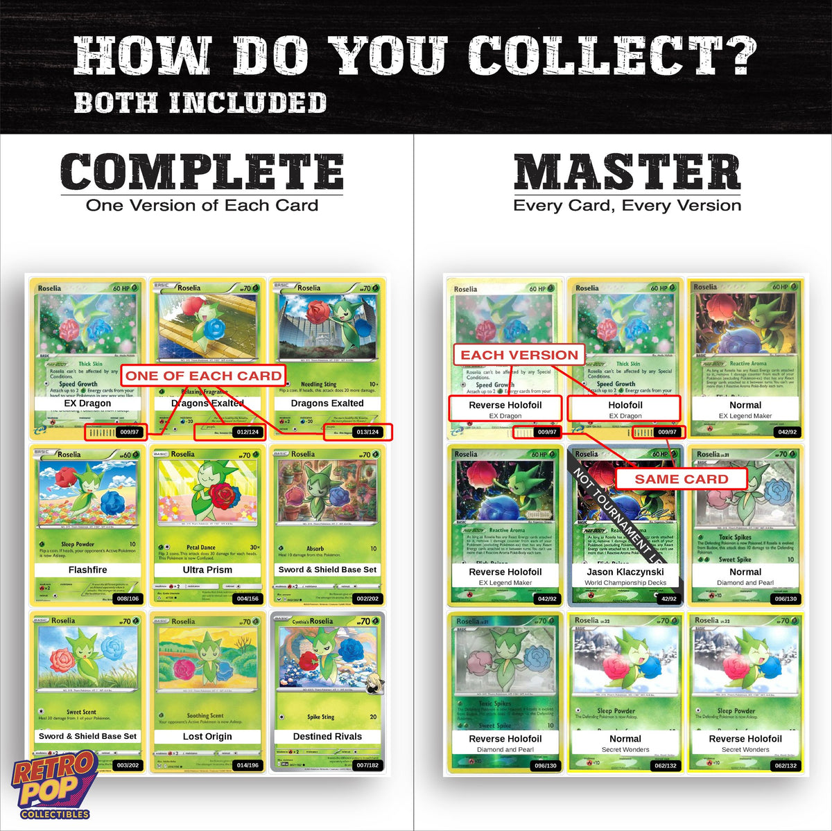 Complete Set vs Master Set versions of the Roselia binder placeholders