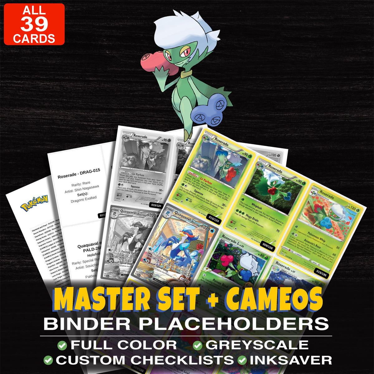 Every Roserade Pokemon card ever made - master set binder placeholders with Roserade