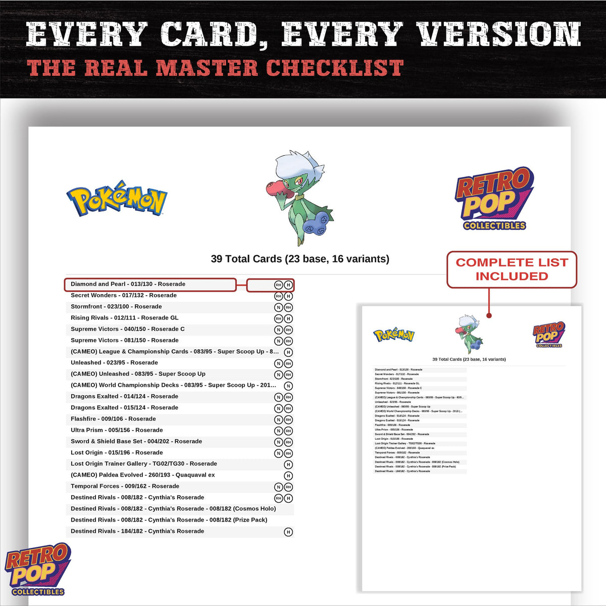 Roserade master set checklist PDF preview - every card listed