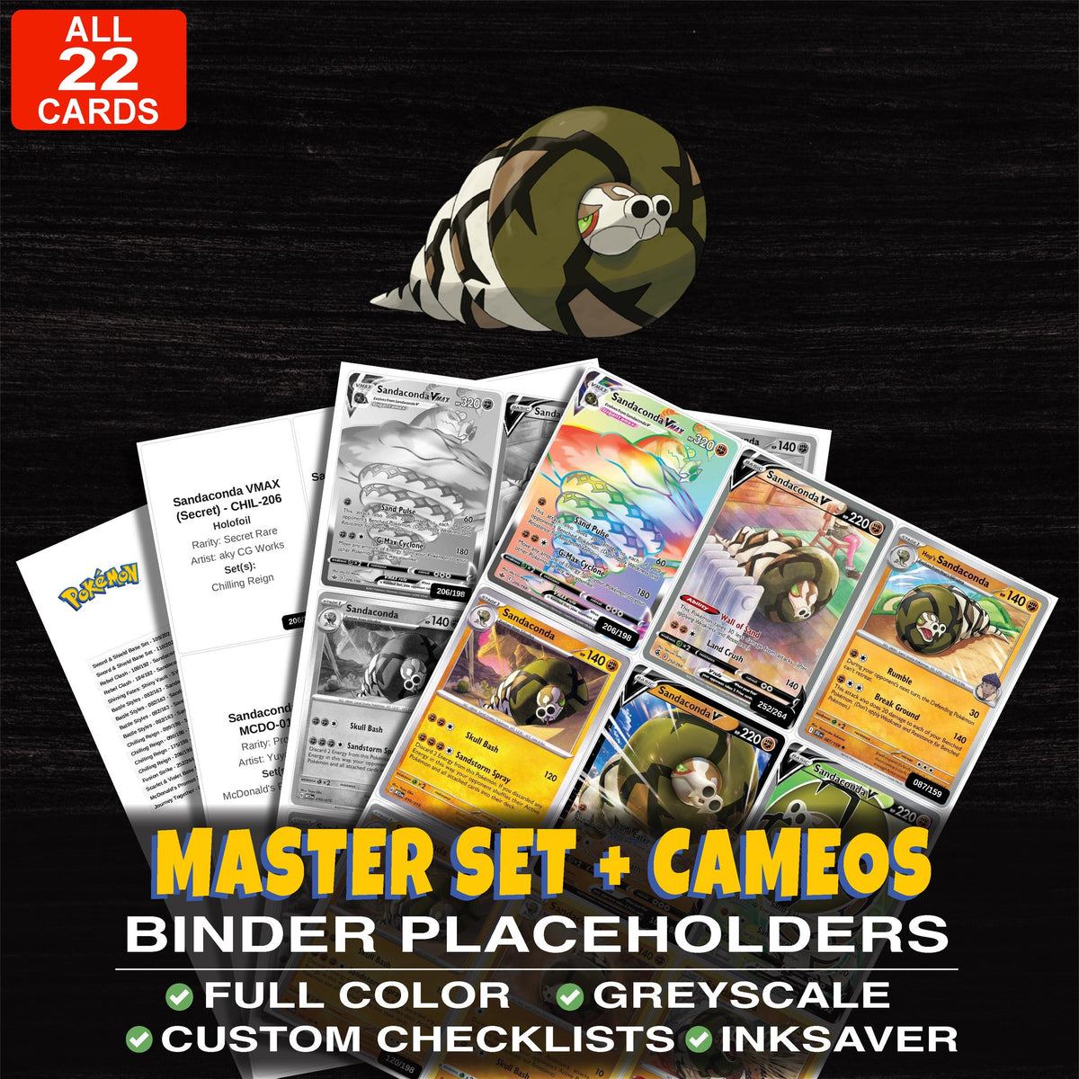 Every Sandaconda Pokemon card ever made - master set binder placeholders with Sandaconda VMAX (Secret)