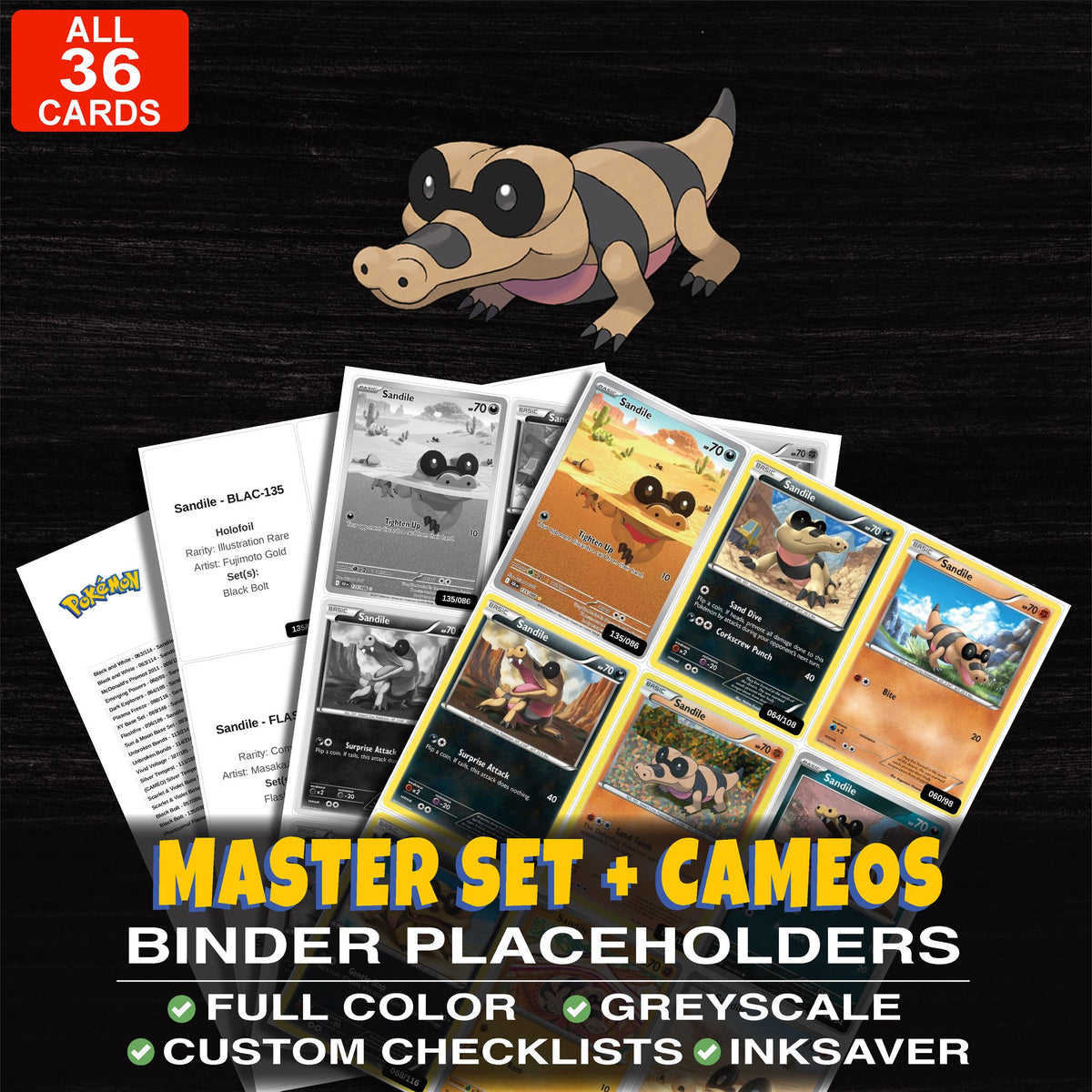 Every Sandile Pokemon card ever made - master set binder placeholders with Sandile